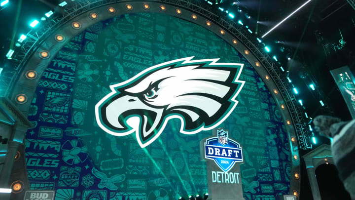 Apr 25, 2024; Detroit, MI, USA; A Philadelphia Eagles logo during the 2024 NFL Draft at Campus Martius Park and Hart Plaza. Mandatory Credit: Kirby Lee-USA TODAY Sports