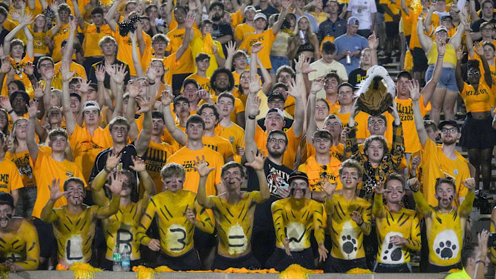 Aug 29, 2024; Columbia, Missouri, USA; Missouri Tigers students and fans show support against the Murray State Racers during the game at Faurot Field at Memorial Stadium. Mandatory Credit: Denny Medley-Imagn Images