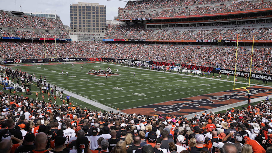 A general view of Paycor Stadium during a game between the Cincinnati Bengals and Baltimore Ravens in 2023. | Cara Owsley-Imagn Images