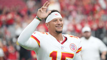 Aug 9, 2025; Glendale, Arizona, USA; Kansas City Chiefs quarterback Patrick Mahomes (15) waves before the game against the Arizona Cardinals at State Farm Stadium. Mandatory Credit: Joe Camporeale-Imagn Images