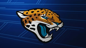 Oct 9, 2021; London, England, United Kingdom; A Jacksonville Jaguars logo is seen at Tottenham Hogspur Stadium. Mandatory Credit: Kirby Lee-Imagn Images