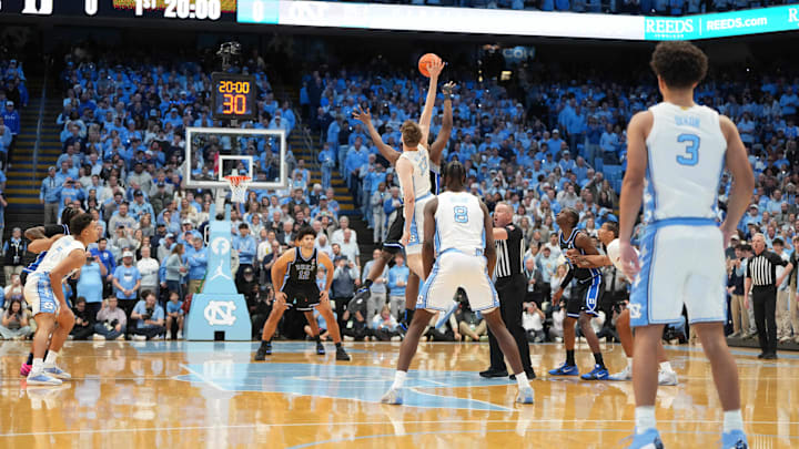 Feb 7, 2026; Chapel Hill, North Carolina, USA; An overall view of the tip off in the first half at Dean E. Smith Center. Mandatory Credit: Bob Donnan-Imagn Images