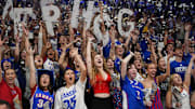 Nov 15, 2025; Lawrence, Kansas, USA; Kansas Jayhawks fans cheer prior to a game against the Princeton Tigers at Allen Fieldhouse. Mandatory Credit: Jay Biggerstaff-Imagn Images