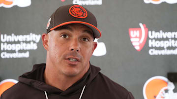 Aug 5, 2024; Cleveland Browns assistant head Coach/special teams coordinator Bubba Ventrone during a press conference at the Browns training facility in Berea, Ohio. Mandatory Credit: Bob Donnan-Imagn Images