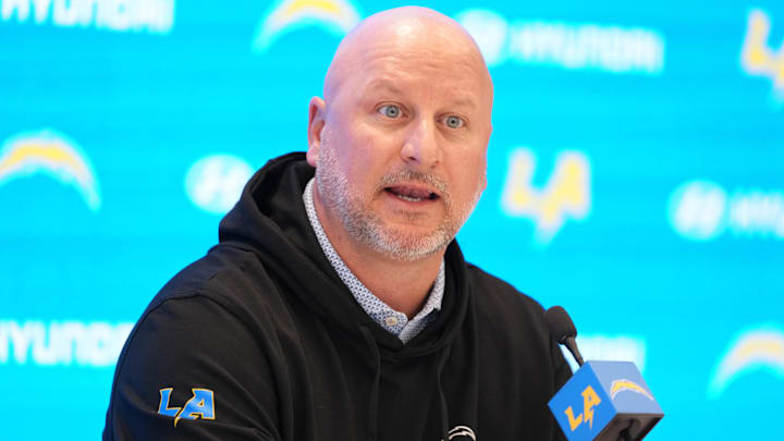 Apr 17, 2025; El Segundo, CA, USA; Los Angeles Chargers general manager Joe Hortiz at press conference at The Bolt. Mandatory Credit: Kirby Lee-Imagn Images Apr 17, 2025; El Segundo, CA, USA; Los Angeles Chargers general manager Joe Hortiz at press conference at The Bolt. Mandatory Credit: Kirby Lee-Imagn Images