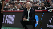 Mar 21, 2025; Raleigh, NC, USA;  Connecticut Huskies head coach Dan Hurley reacts during the second half against the Oklahoma Sooners at Lenovo Center. Mandatory Credit: Bob Donnan-Imagn Images