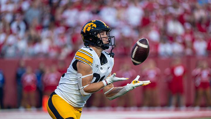 Oct 11, 2025; Madison, Wisconsin, USA; Iowa Hawkeyes wide receiver Kaden Wetjen (21) receives the opening kickoff against the Wisconsin Badgers at Camp Randall Stadium. Mandatory Credit: Ross Harried-Imagn Images