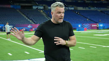 Feb 27, 2025; Indianapolis, IN, USA; Pat McAfee watches during workouts at the 2025 NFL Scouting Combine at Lucas Oil Stadium. Mandatory Credit: Kirby Lee-Imagn Images