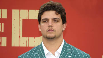 Apr 24, 2025; Green Bay, WI, USA; LSU Tigers offensive lineman Will Campbell  on the red carpet before the 2025 NFL Draft at Lambeau Field. Mandatory Credit: Kirby Lee-Imagn Images