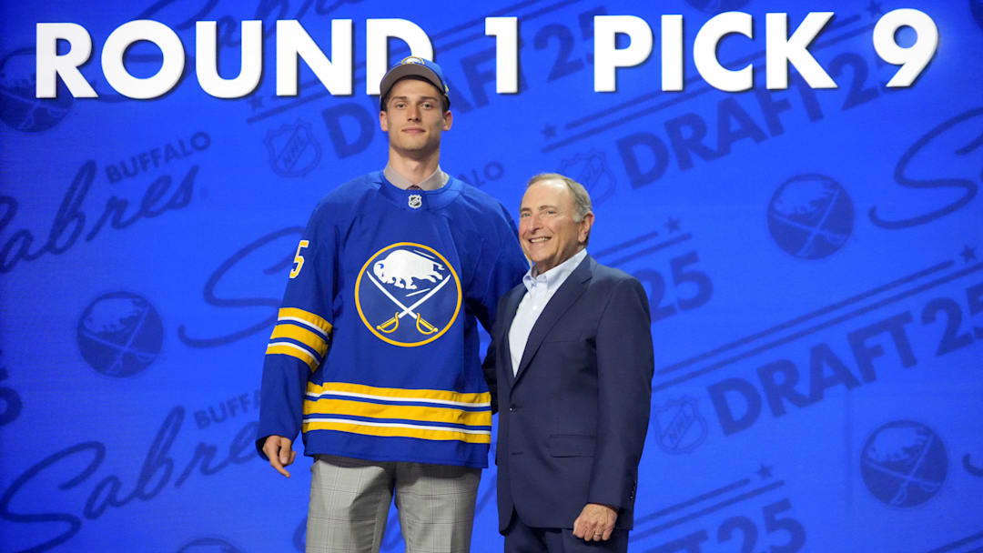 Buffalo Sabres prospect Radim Mrtka and NHL commissioner Gary Bettman at the 2025 NHL Draft