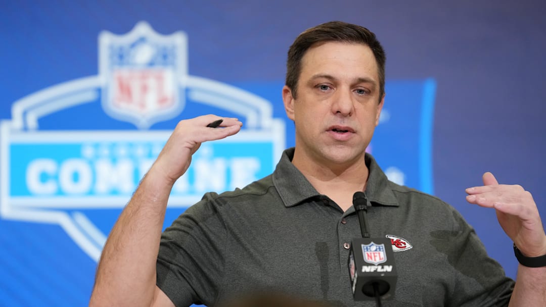 Feb 24, 2026; Indianapolis, IN, USA; Kansas City Chiefs general manager Brett Veach speaks at the NFL Scouting Combine at the Indiana Convention Center. Mandatory Credit: Kirby Lee-Imagn Images