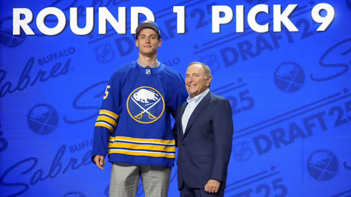 Buffalo Sabres prospect Radim Mrtka and NHL commissioner Gary Bettman at the 2025 NHL Draft