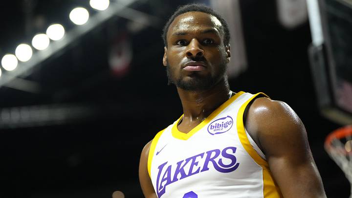 Jul 15, 2024; Las Vegas, NV, USA; Los Angeles Lakers guard Bronny James (9) competes during the first half against the Boston Celtics at Thomas & Mack Center. Mandatory Credit: Lucas Peltier-Imagn Images