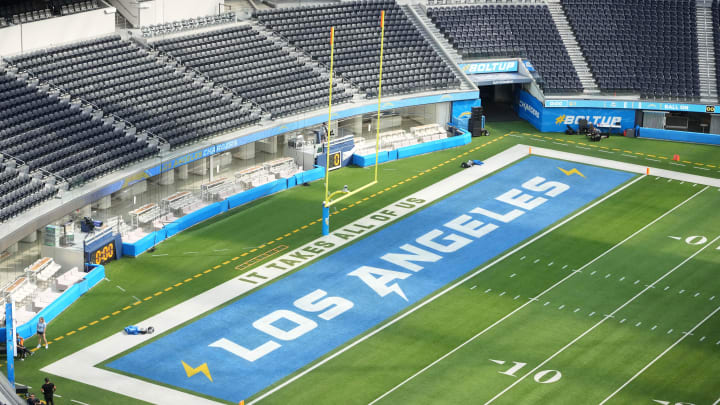 Sep 10, 2023; Inglewood, California, USA; Overall view of the Los Angeles Chargers bolt logo in the end zone at SoFi Stadium. Mandatory Credit: Kirby Lee-USA TODAY Sports
