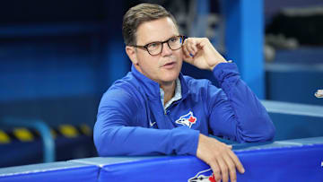 Jun 28, 2023; Toronto, Ontario, CAN; Toronto Blue Jays general manager Ross Atkins talks with the media during batting practice  against the San Francisco Giants at Rogers Centre. Mandatory Credit: Nick Turchiaro-Imagn Images