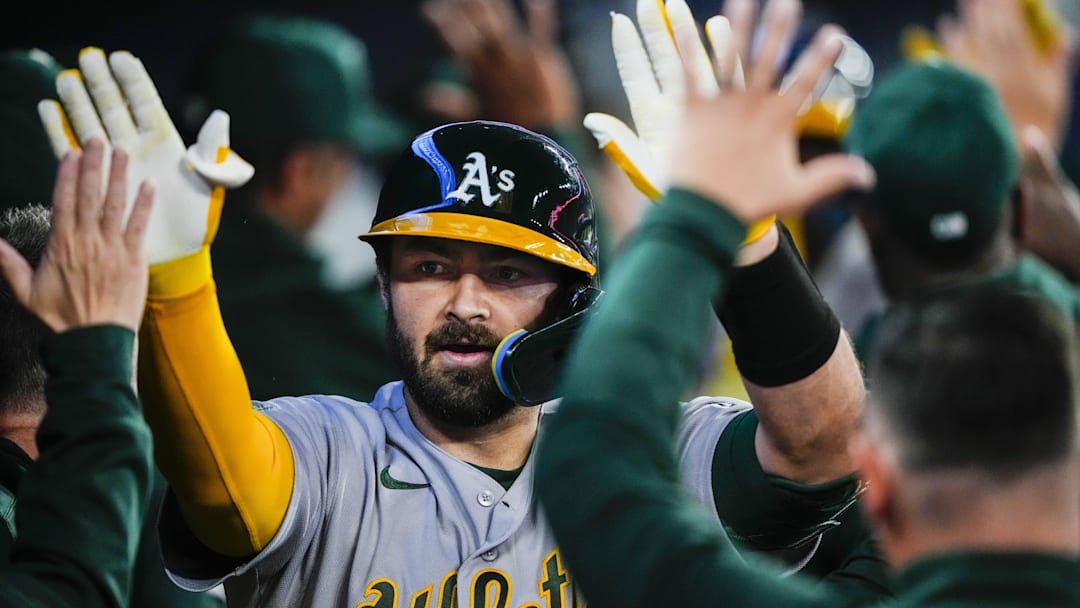 Mar 28, 2026; Toronto, Ontario, CAN; Athletics catcher Shea Langeliers (23) celebrates hitting a grand slam against the Toronto Blue Jays during the seventh inning at Rogers Centre. Mandatory Credit: Kevin Sousa-Imagn Images