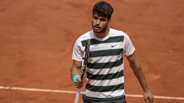 Carlos Alcaraz of Spain reacts to a point during his match against Giulio Zeppieri on day two at French Open in Roland Garros