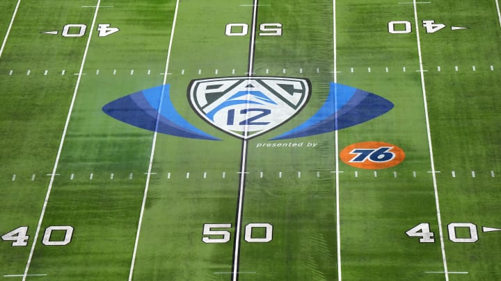 Dec 1, 2023; Las Vegas, NV, USA; The Pac-12 Conference logo at midfield at Allegiant Stadium. Mandatory Credit: Kirby Lee-USA TODAY Sports