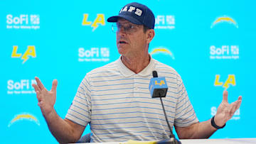 Jan 15, 2025; El Segundo, CA, USA; Los Angeles Chargers coach Jim Harbaugh at a press conference at The Bolt.