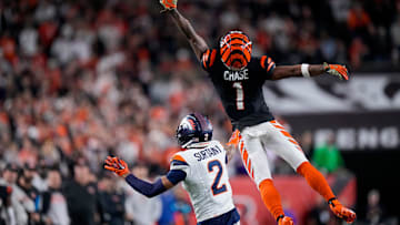 Cincinnati Bengals wide receiver Ja'Marr Chase (1) is unable to get to a pass attempt in overtime of the NFL Week 17 game between the Cincinnati Bengals and the Denver Broncos at Paycor Stadium in downtown Cincinnati on Saturday, Dec. 28, 2024. The Bengals took a 30-24 win in overtime to remain in the post season chase.