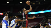 Jul 15, 2024; Las Vegas, NV, USA; Portland Trail Blazers guard/forward Rayan Rupert shoots the ball against the Philadelphia 76ers during the first half at Thomas & Mack Center. Mandatory Credit: Lucas Peltier-USA TODAY Sports