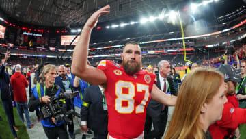 Feb 11, 2024; Paradise, Nevada, USA; Kansas City Chiefs tight end Travis Kelce (87) celebrates after winning Super Bowl LVIII against the San Francisco 49ers at Allegiant Stadium. Mandatory Credit: Kirby Lee-USA TODAY Sports