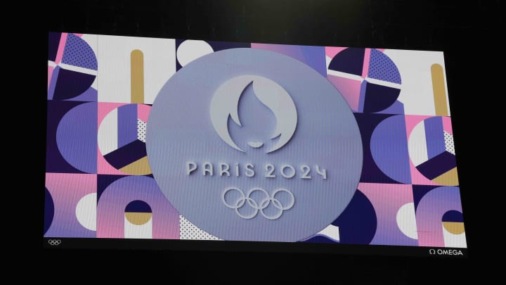 Jul 27, 2024; Paris, France; The Paris 2024 Olympics logo is displayed on a video board.