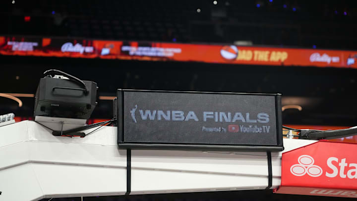 Oct 10, 2025; Phoenix, Arizona, USA; WNBA Finals signage before game four of the 2025 WNBA Finals between the Phoenix Mercury and the Las Vegas Aces at Mortgage Matchup Center. Mandatory Credit: Joe Camporeale-Imagn Images