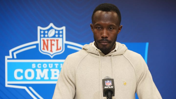 Feb 25, 2025; Indianapolis, IN, USA; Minnesota Vikings general manager Kwesi Adofo-Mensah speaks during the NFL Scouting Combine at the Indiana Convention Center. Mandatory Credit: Kirby Lee-Imagn Images