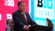 Jul 22, 2025; Las Vegas, NV, USA; Rutgers head coach Greg Schiano speaks to the media during the Big Ten NCAA college football media days at Mandalay Bay Resort. Mandatory Credit: Lucas Peltier-Imagn Images