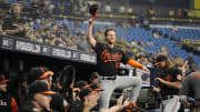 Aug 12, 2022; St. Petersburg, Florida, USA; Baltimore Orioles center fielder Brett Phillips (66) is recognized by the Tampa Bay Rays after the second inning. Phillips was recently traded from the Tampa Bay Rays where he was a fan favorite to the Baltimore Orioles.