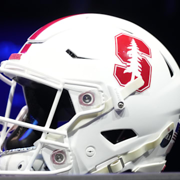 Jul 29, 2022; Los Angeles, CA, USA; Stanford Cardinal helmet during Pac-12 Media Day at Novo Theater. Mandatory Credit: Kirby Lee-Imagn Images