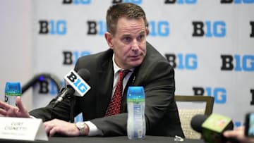Jul 22, 2025; Las Vegas, NV, USA; Indiana head coach Curt Cignetti speaks to the media during the Big Ten NCAA college football media days at Mandalay Bay Resort. Mandatory Credit: Lucas Peltier-Imagn Images