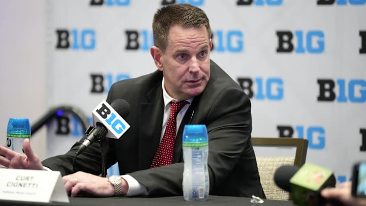 Jul 22, 2025; Las Vegas, NV, USA; Indiana head coach Curt Cignetti speaks to the media during the Big Ten NCAA college football media days at Mandalay Bay Resort. Mandatory Credit: Lucas Peltier-Imagn Images
