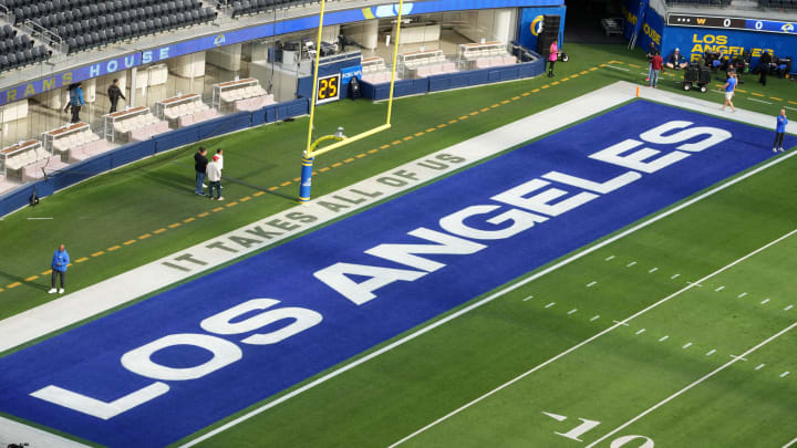 Dec 17, 2023; Inglewood, California, USA; The Los Angeles Rams logo in the end zone at SoFi Stadium.