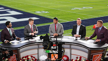 Jan 2, 2023; Pasadena, California, USA; (Editors Notes: Caption Correction) ESPN broadcasters Desmond Howard, Rece Davis, Mark Sanchez, Pat McAfee and Kirk Herbstreit on the College Gameday set at the 109th  Rose Bowl. Mandatory Credit: Kirby Lee-Imagn Images