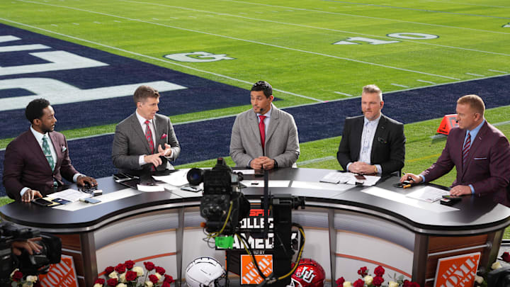 Jan 2, 2023; Pasadena, California, USA; (Editors Notes: Caption Correction) ESPN broadcasters Desmond Howard, Rece Davis, Mark Sanchez, Pat McAfee and Kirk Herbstreit on the College Gameday set at the 109th  Rose Bowl. Mandatory Credit: Kirby Lee-Imagn Images