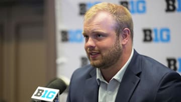 Jul 24, 2025; Las Vegas, NV, USA; Iowa offensive lineman Logan Jones speaks to the media during the Big Ten NCAA college football media days at Mandalay Bay Resort. Mandatory Credit: Lucas Peltier-Imagn Images