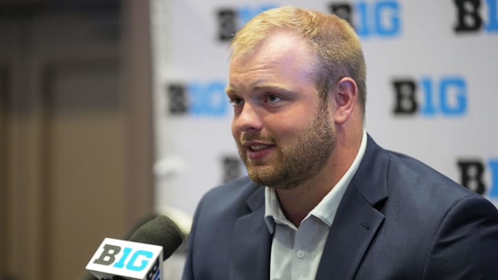 Jul 24, 2025; Las Vegas, NV, USA; Iowa offensive lineman Logan Jones speaks to the media during the Big Ten NCAA college football media days at Mandalay Bay Resort. Mandatory Credit: Lucas Peltier-Imagn Images