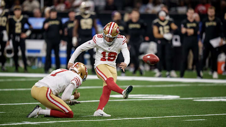 Sep 14, 2025; New Orleans, Louisiana, USA; San Francisco 49ers kicker Eddie Pineiro makes a field goal against the New Orleans Saints during the third quarter at Caesars Superdome. Mandatory Credit: Matthew Hinton-Imagn Images