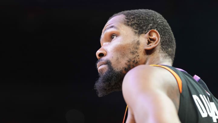 Apr 26, 2024; Phoenix, Arizona, USA; Phoenix Suns forward Kevin Durant (35) looks on against the Minnesota Timberwolves during the second half of game three of the first round for the 2024 NBA playoffs at Footprint Center. Mandatory Credit: Joe Camporeale-USA TODAY Sports