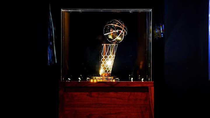 General view of the Denver Nuggets 2023 Larry O'Brien championship trophy before the game against the Utah Jazz at Ball Arena. General view of the Denver Nuggets 2023 Larry O'Brien championship trophy before the game against the Utah Jazz at Ball Arena.