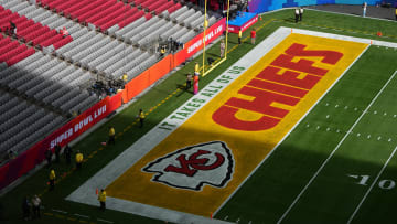 Feb 12, 2023; Glendale, AZ, USA; A general view of the Kansas City Chiefs logo in the end zone before Super Bowl LVII against the Philadelphia Eagles at State Farm Stadium. Mandatory Credit: Kirby Lee-USA TODAY Sports