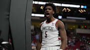 Mar 21, 2025; Raleigh, NC, USA;  Connecticut Huskies center Tarris Reed Jr. (5) reacts during the second half against the Oklahoma Sooners at Lenovo Center. Mandatory Credit: Bob Donnan-Imagn Images