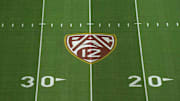 The Pac-12 Conference logo at United Airlines Field at Los Angeles Memorial Coliseum before a game between the Fresno State Bulldogs and the Southern California Trojans. 