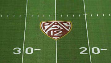 The Pac-12 Conference logo at United Airlines Field at Los Angeles Memorial Coliseum before a game between the Fresno State Bulldogs and the Southern California Trojans. 