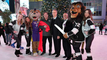 Nov 29, 2022; Los Angeles, California, USA; LA Sparks mascot Sparky, Brad Berman, LA Kings president