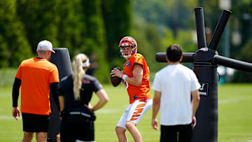 Cincinnati Bengals quarterback Joe Burrow (9) runs a drill during a training camp practice at the