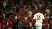 Cincinnati Reds left fielder Will Benson (30) walks back to the dugout after being stranded on base in the eleventh inning between Cincinnati Reds and Pittsburg Pirates at Great American Ball Park in Cincinnati on Sept. 24, 2025.