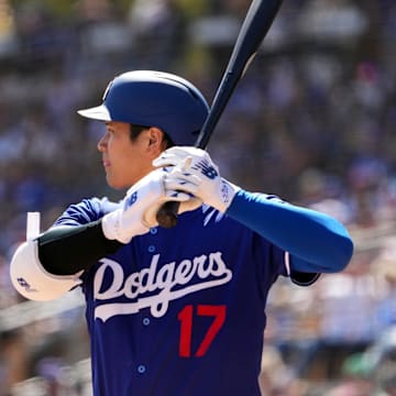Mar 6, 2025; Phoenix, Arizona, USA; Los Angeles Dodgers two-way player Shohei Ohtani (17) bats against the Texas Rangers during the third inning at Camelback Ranch-Glendale. Mandatory Credit: Joe Camporeale-Imagn Images